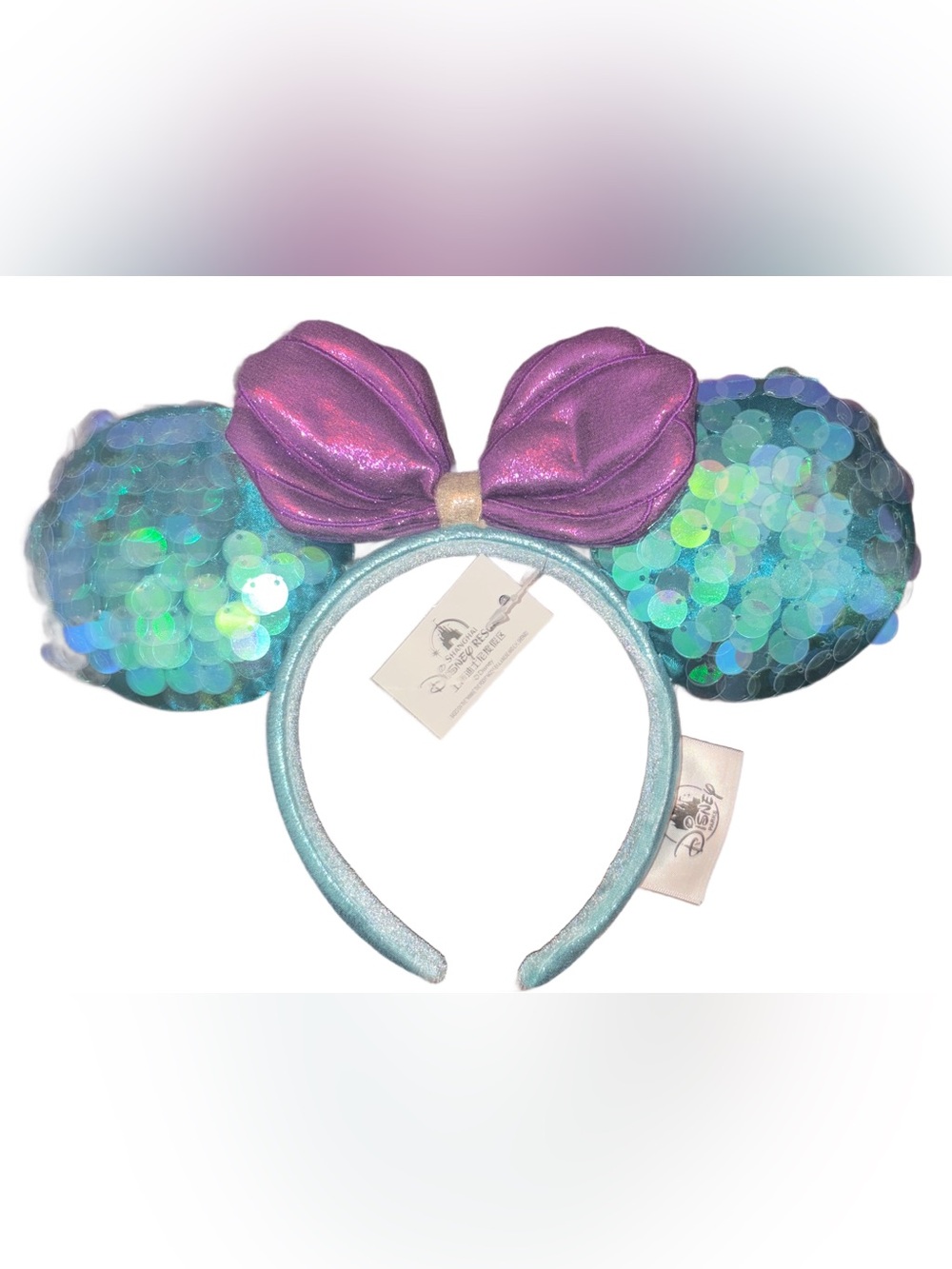 Sequin Mermaid Ear Headband with Purple Bow and Aqua Accents